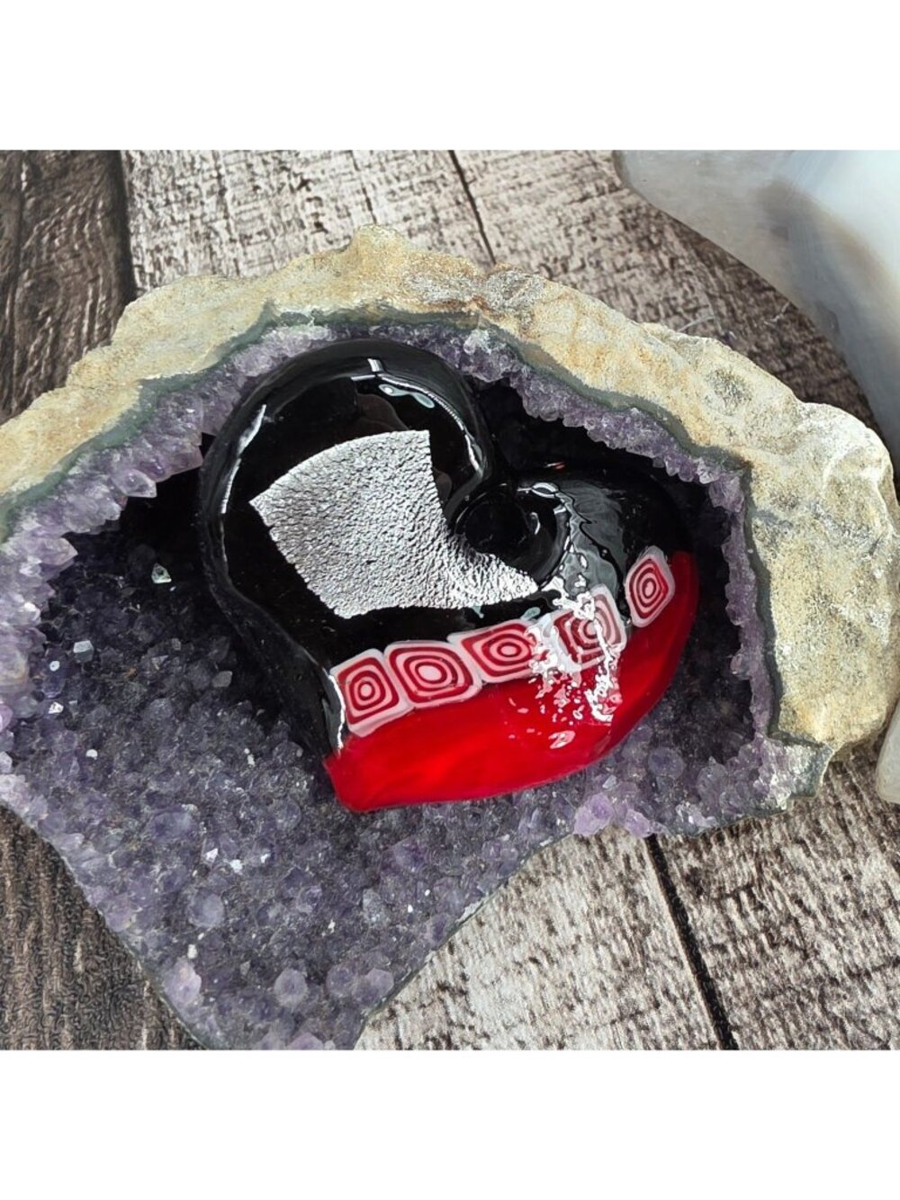 Artisan Dichroic Abstract Lampwork Glass Pendant Twisted Black Red 90s Heart 3D